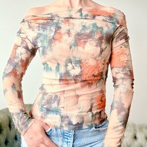 Reformation Sheer Earth Tone Mesh Long Sleeve Top Abstract Tie Dye Fitted Small